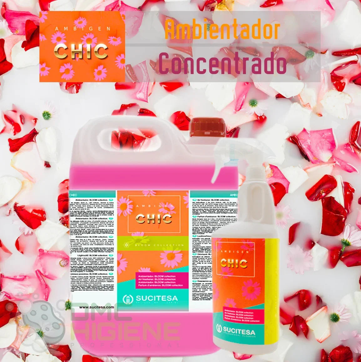 Ambientador Líquido Profissional Concentrado em Spray 750ml | AMBIGEN CHIC da sucitesa com flores e pétalas coloridas.
