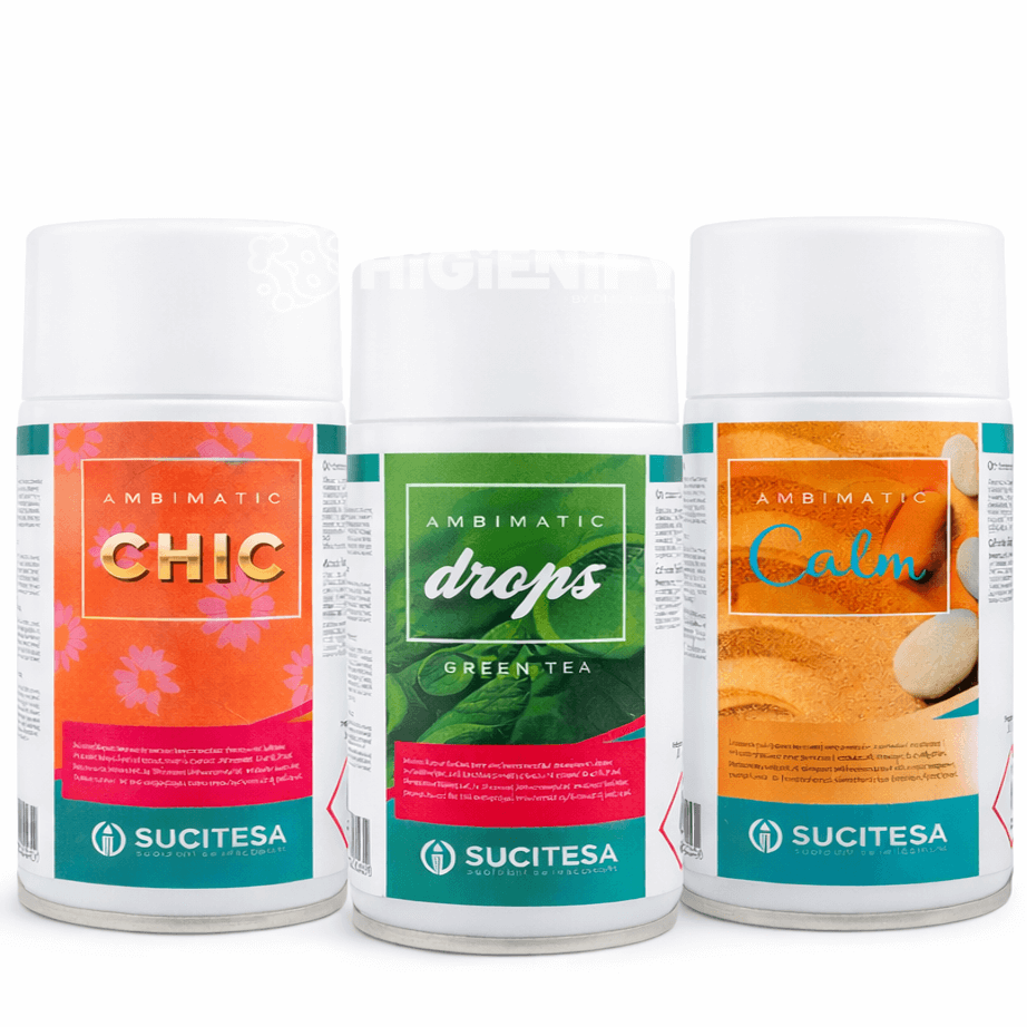 Ambientador Aerossol Recarga para Dispositivos Profissionais da Sucitesa, incluindo os aromas Chic, Drops e Calm.