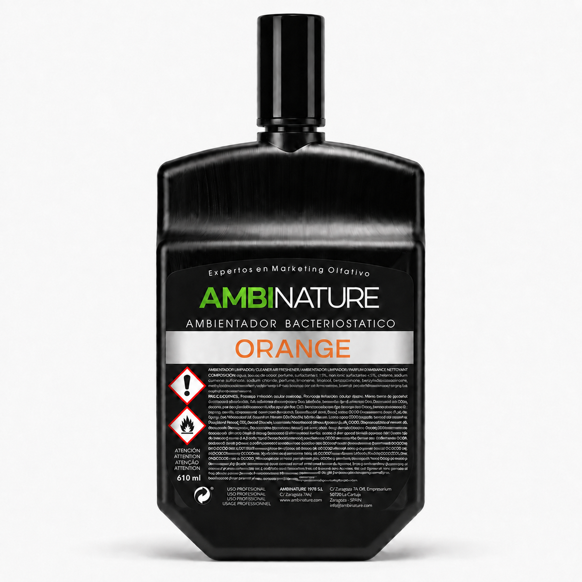 Ambientador Bacteriostatico Recarga ORANGE de Ambinature em embalagem de 610 ml, ideal para uso profissional.