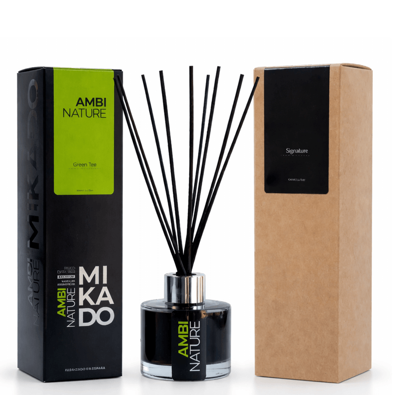 Ambientador Mikado Premium 100ml Ambinature com varitas de difusão e embalagem elegante.