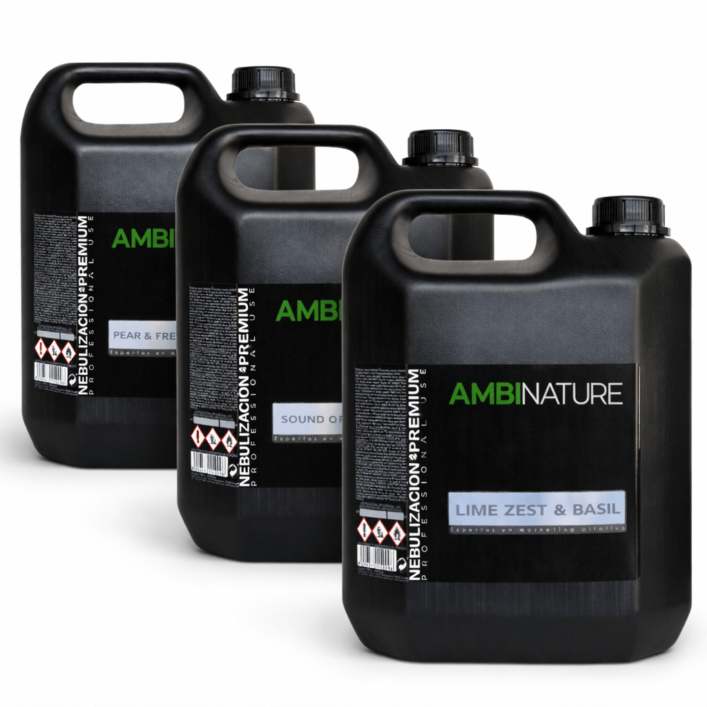 Diferentes frascos de fragrâncias para difusor nebulizador de óleos essenciais da marca AMBINATURE.