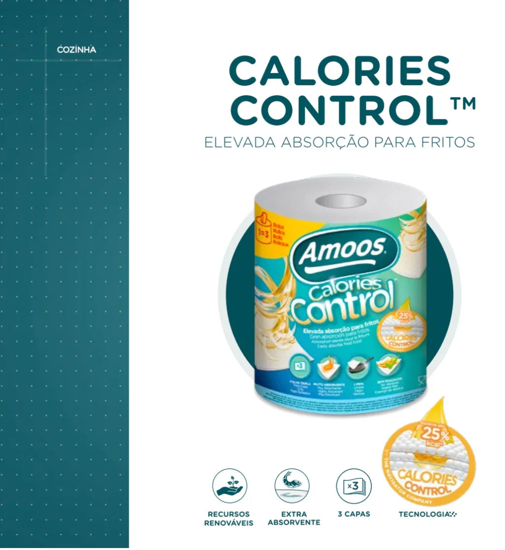 Rolo Papel de Cozinha 3F Amoos Calorie Control com elevada absorção para fritos em embalagem de 10 unidades.