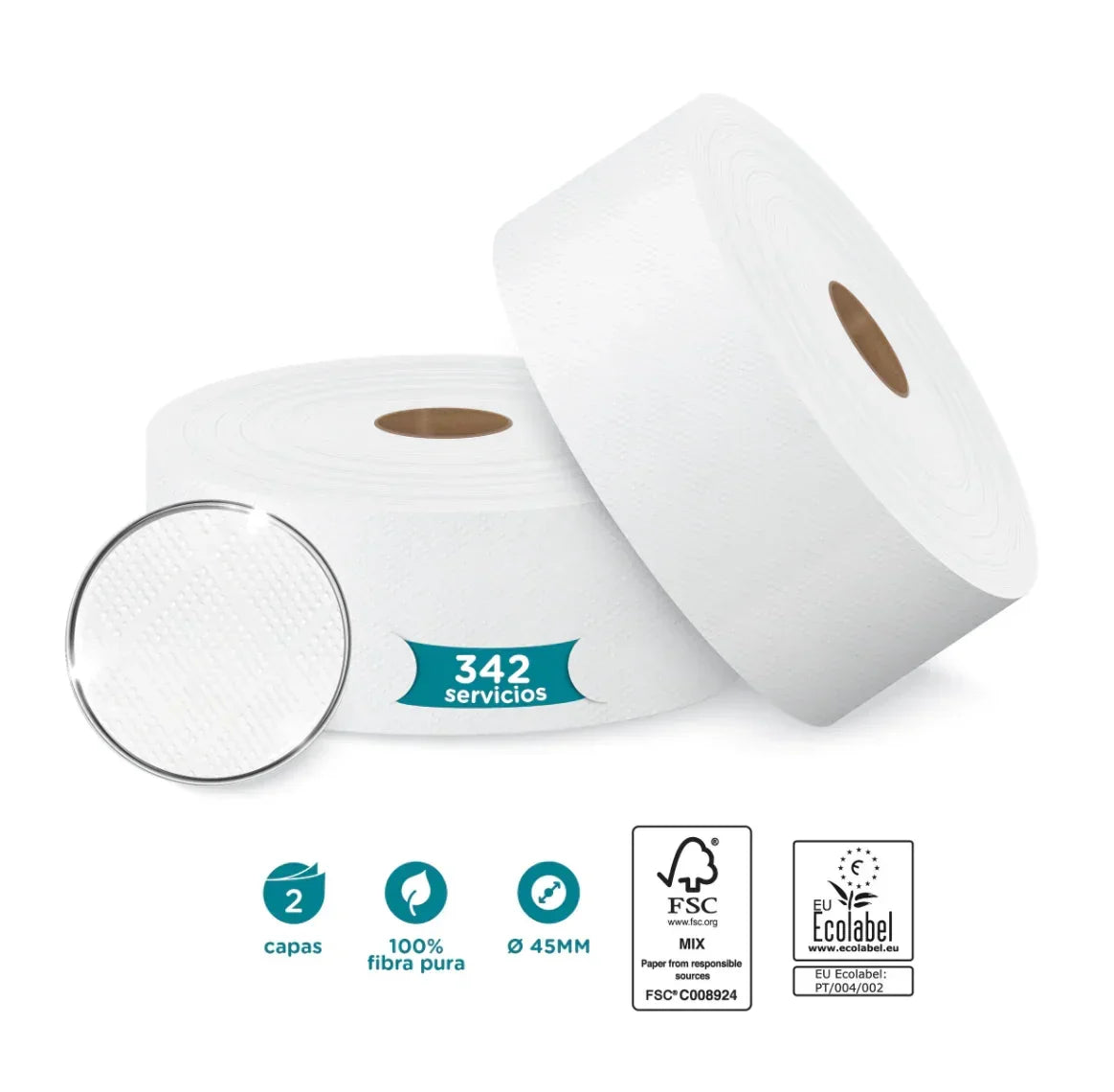 Papel Higiénico Jumbo 2F 120M Amoos com 342 serviços, 2 camadas, fibra pura e certificação FSC.