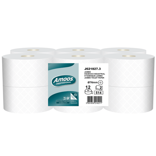 Papel Higiénico Jumbo 2F 180M Amoos - Pack com 12 Rolos, macios e absorventes para uso profissional.