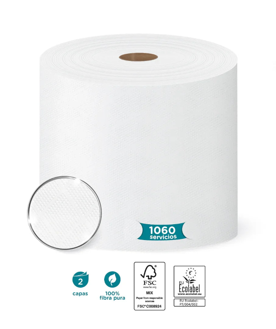 Papel Rolo Multiusos Industrial Amoos 350M com 1060 serviços e 2 capas, fabricado em fibra pura.