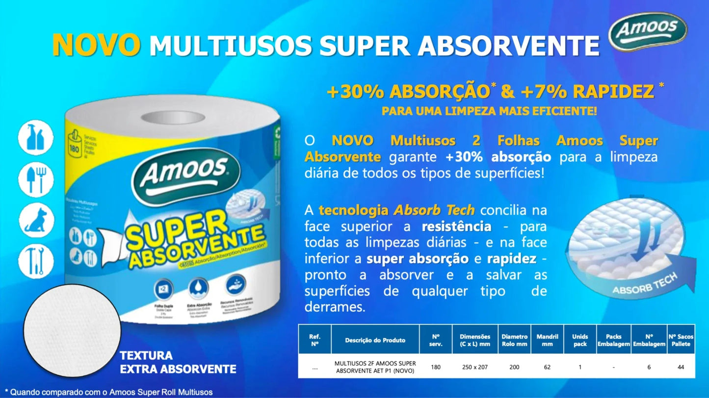 Papel Rolo Cozinha Multiusos Amoos Super Absorvente 50M com tecnologia Absorb Tech para limpeza eficiente.