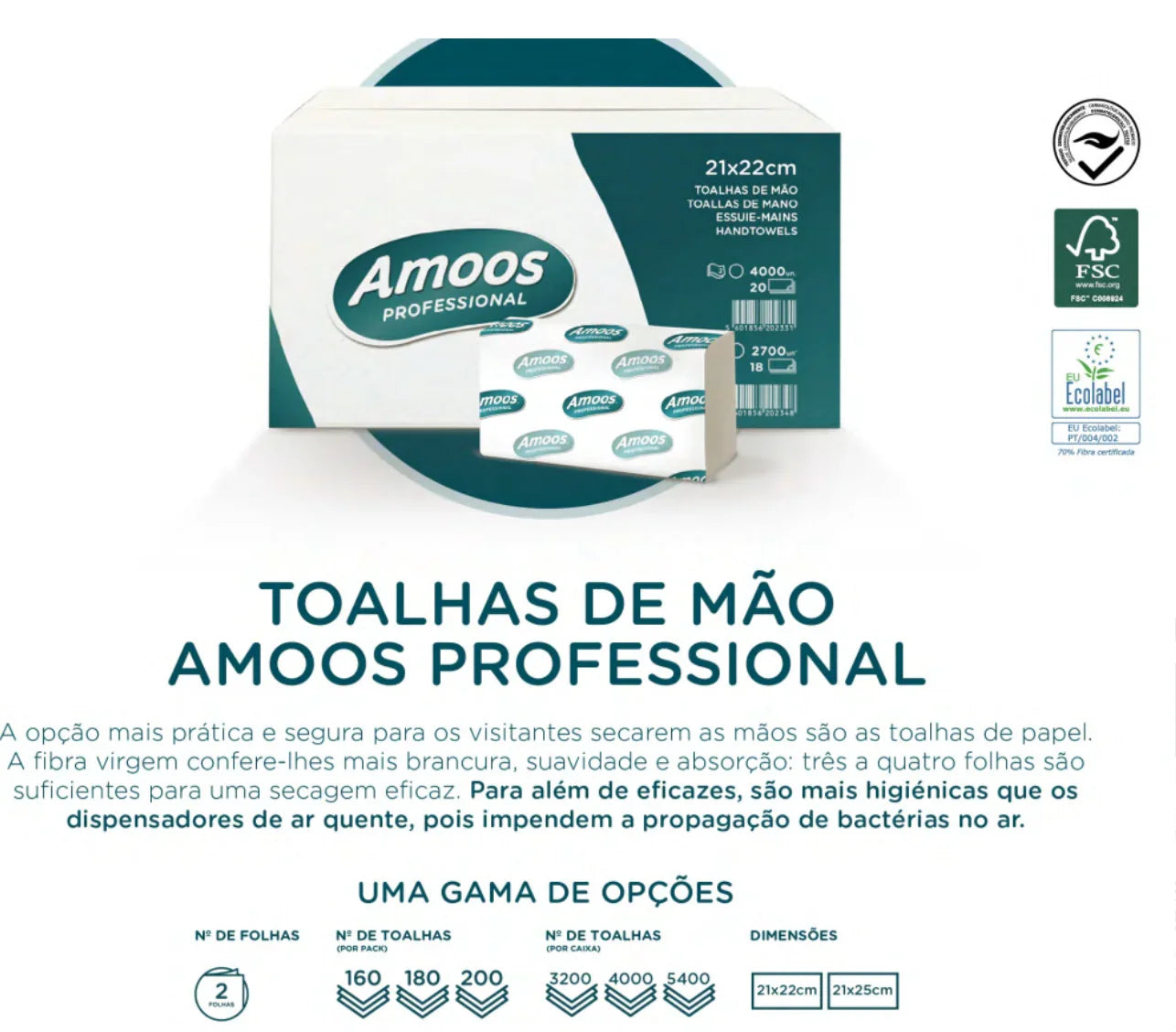 Papel Toalhas de Mãos Zig-Zag 2F Extra XL Amoos | 21x25,2cm | Caixa c/3200 Folhas