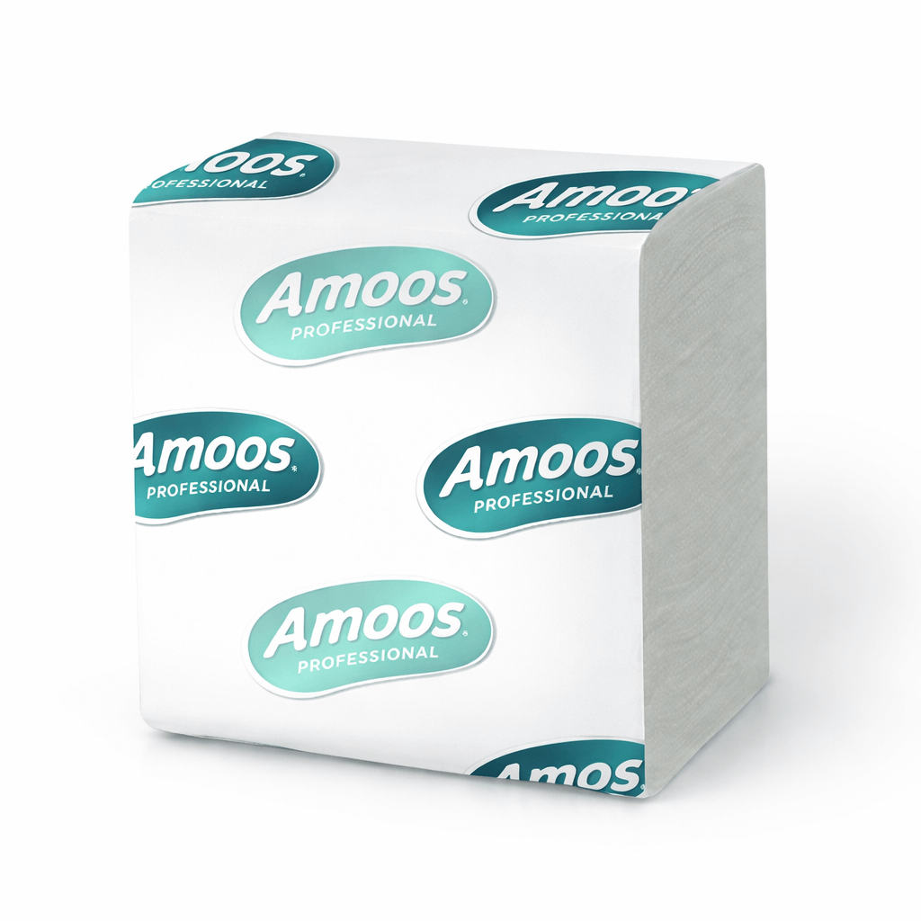 Papel Higiénico Folha-a-Folha Amoos Bulk em formato Zig-Zag e logo Amoos, ideal para uso profissional.