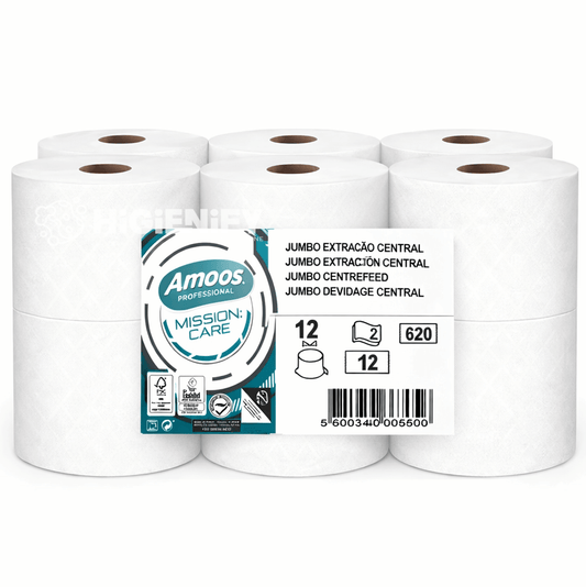 Papel Higiénico Jumbo Extração Central 180M 2F AMOOS | Pack de 12 Rolos, ideal para dispensadores controlados.
