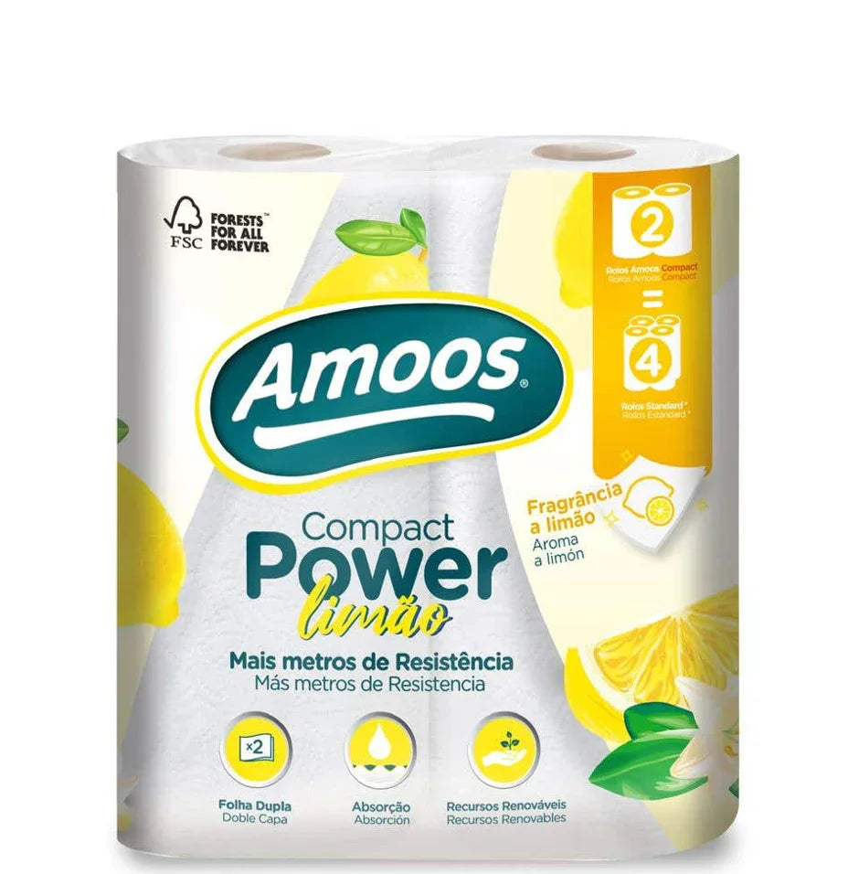 Rolo Papel de Cozinha 2F Amoos Compact Power Limão com aroma a limão e alta resistência.