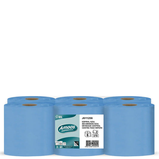 Papel Rolo Multiusos Espiral Azul Amoos 125M - Pack de 6 rolos de folha dupla para uso profissional em cozinhas de restaures