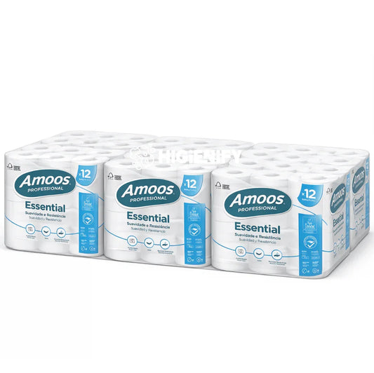 Papel Higiénico 2F Amoos Essential 16 Metros em pack de 12 rolos, ideal para uso profissional em hóteis e empresas com 108 rolos.