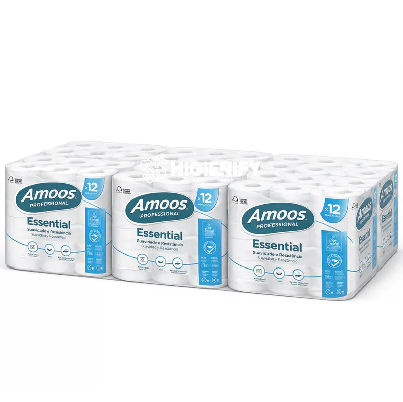 Papel Higiénico 2F Amoos Essential 16 Metros em pack de 12 rolos, ideal para uso profissional em hóteis e empresas com 108 rolos.