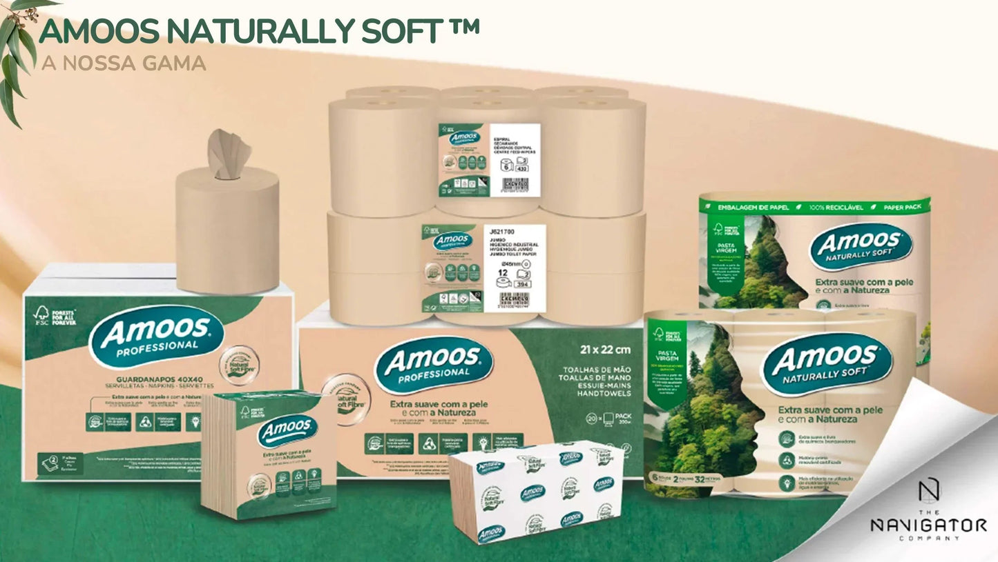 Papel Toalhas de Mãos Zig-Zag Ecológicas 2F Amoos em apresentação de produtos da gama Amoos Naturally Soft, perfeitas para uso profissional