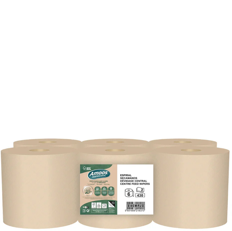 Papel Rolo Multiusos Ecológico Espiral Amoos 125M | Pack de 6 rolos com 430 serviços para dispensadores de extração central em cozinhas profissionais
