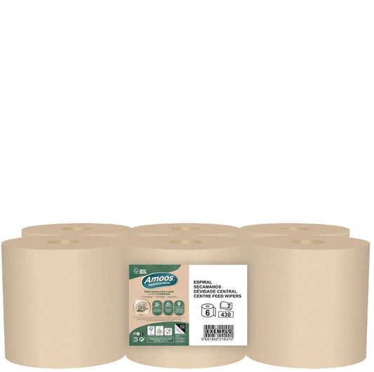 Papel Rolo Multiusos Ecológico Espiral Amoos 125M | Pack de 6 rolos com 430 serviços para dispensadores de extração central em cozinhas profissionais