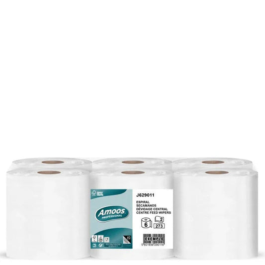 Papel Rolo Multiusos Espiral Amoos 90M em pack com 6 rolos, indicado para uso em cozinhas profissionais