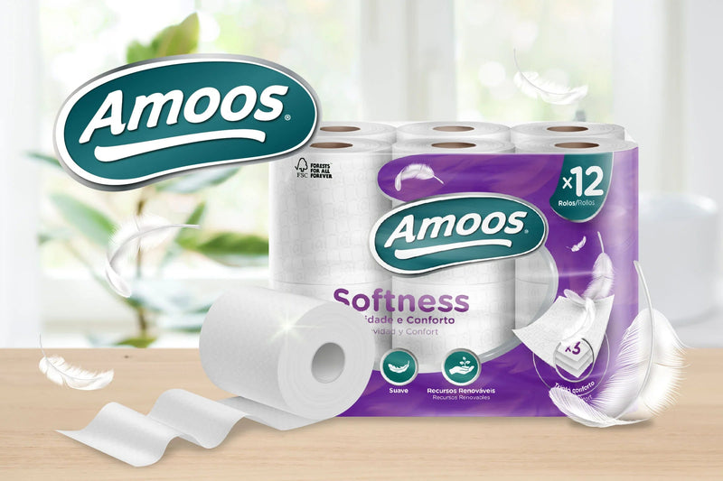 Papel Higiénico Folha Tripla Amoos Softness | Embalagem de 12 rolos com design suave e conforto na utilização.