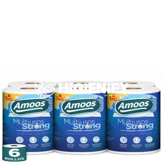 Papel Rolo Multiusos Amoos Strong 70M Pack 6 Rolos com folha tripla, extra resistente e absorvente.