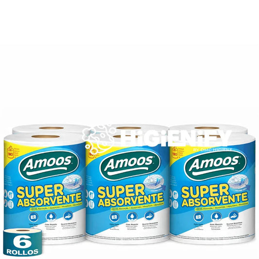 Papel Rolo Cozinha Multiusos Amoos Super Absorvente 50M | Pack 6 Rolos | Super absorvente e resistente.