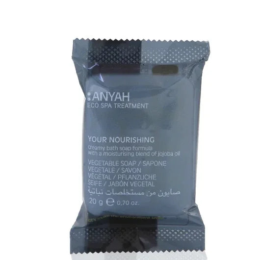 Sabonete Sólido Vegetal Ecológico ANYAH 20g embalagem com fórmula nutritiva e blend de óleo de jojoba, formato amenities, perfeito para hotéis e alojamentos locais