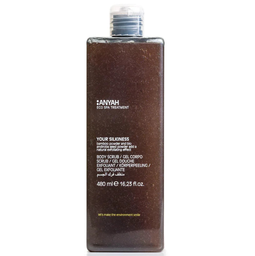 Gel Esfoliante Corporal Ecológico ANYAH 480ml, produto para esfoliação corporal com efeito suavizante, formato amenities, perfeito para hotéis e alojamentos locais