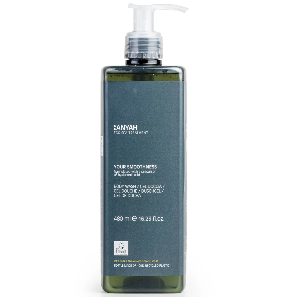 Gel de Banho Ecológico ANYAH 480ml em frasco com dosador, formato amenities, perfeito para hotéis e alojamentos locais