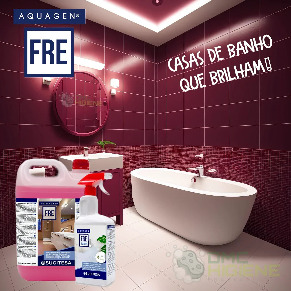 Imagem promocional da gama de Garrafa Doseadora de Detergente Limpador WC Cítrico Concentrado Profissional AQUAGEN FRE