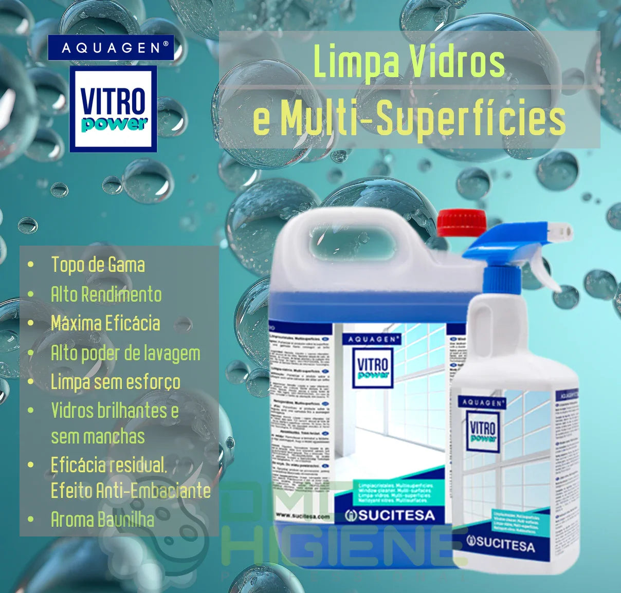 imagem tecnica comercial de Detergente Limpa Vidros e Superfícies Alcalino 5 Litros e Garrafa Pulverizadora Spray da marca AQUAGEN VITRO POWER
