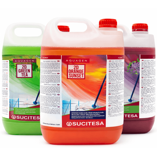 Detergente Pavimentos Neutro Extra Perfumado 5 Litros Aquagen 2D em várias fragrâncias como GREEN TEA, RED SENSE, ORANGE SUNSET e CHIC. produtos da SUCITESA