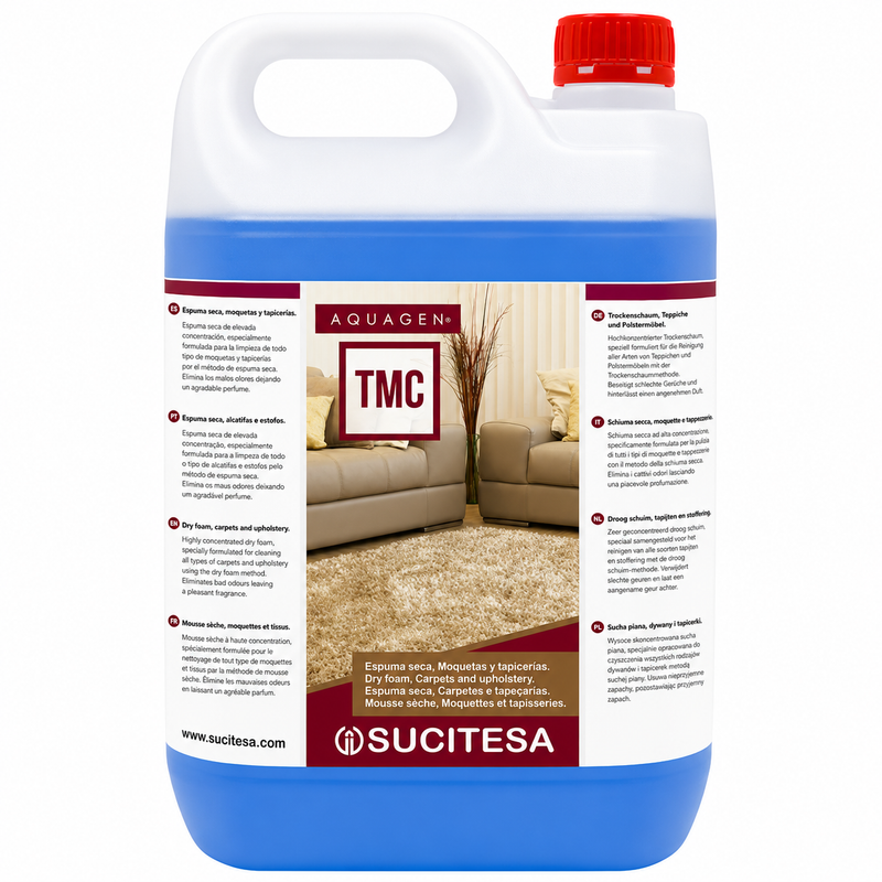 Champô para Alcatifas e Estofos Profissional 5L da AQUAGEN TMC em frasco, ideal para lavagem de têxteis.