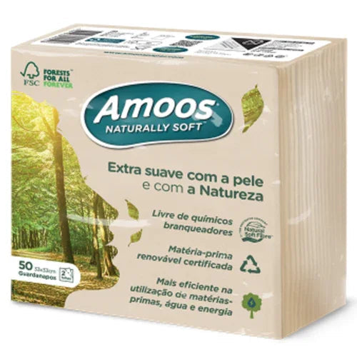Guardanapos de Papel Ecológicos 33x33cm Amoos Naturally Soft, embalagem com 50 unidades, extra suaves e sustentáveis.