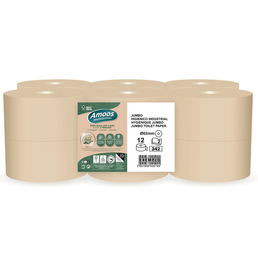 Papel Higiénico Jumbo Ecológico 2F 120M Amoos - Pack com 12 rolos de papel higiénico industrial absorvente e resistente.