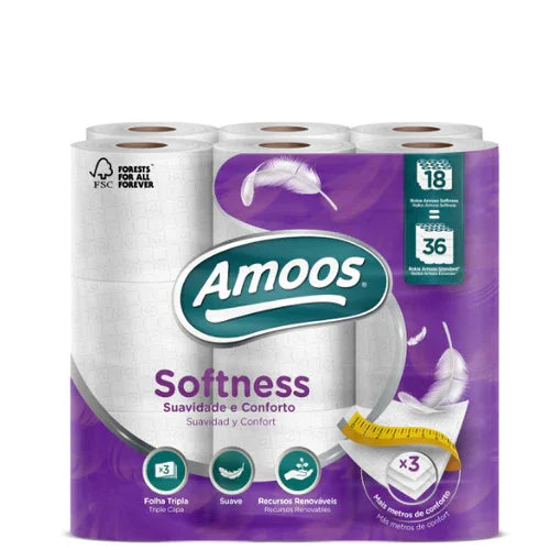 Papel Higiénico Folha Tripla Amoos Softness, 18 rolos, suave e confortável, embalagem de 30 metros, perfeito para uso profissional em hotéis e escritórios