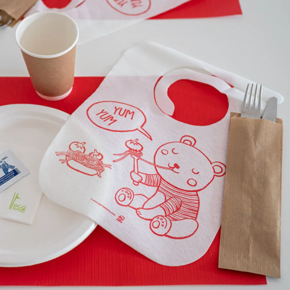 Babete de Criança Airlaid Descartável com desenho de urso, ideal para refeição de crianças