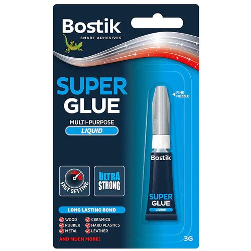 Super Cola Extra Forte Bisnaga 3g | BOSTIK SUPER GLUE em embalagem, indicada para múltiplas superfícies e secagem rápida.