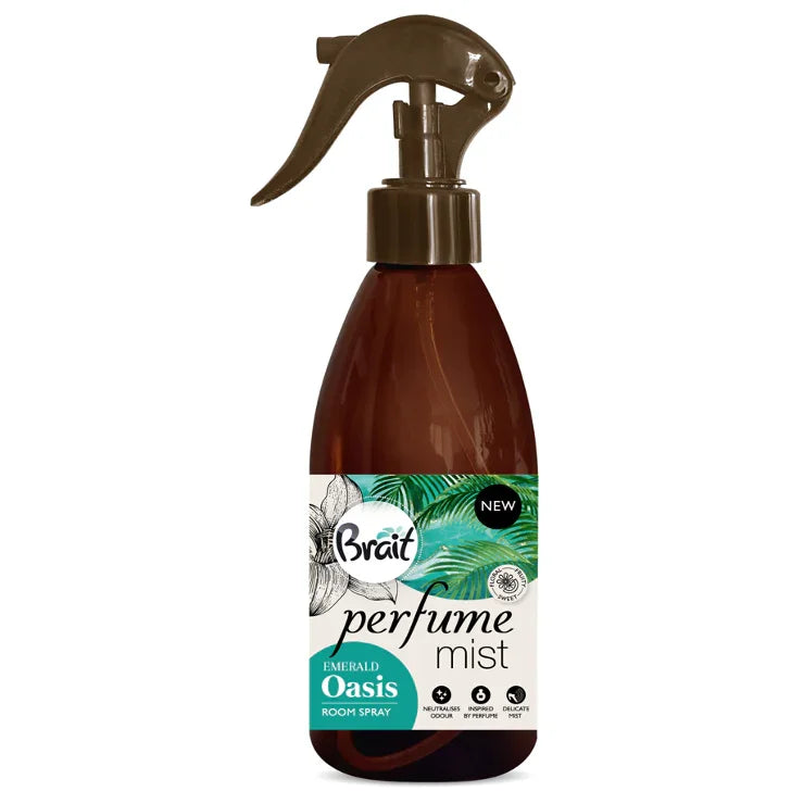 Ambientador Spray Líquido Brait Parfume Mist de 325ml, garrafa pulverizadora com fragrância Emerald Oasis.