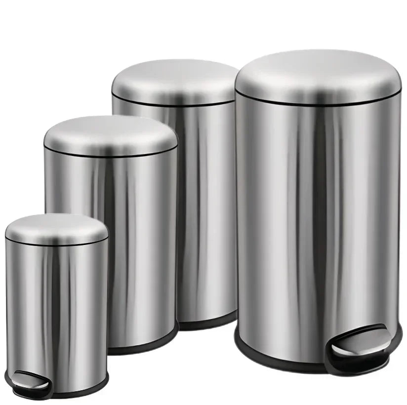 Balde Lixo Inox com Pedal em diferentes tamanhos de 5, 12, 20 e 30L mostrando design moderno e funcional.