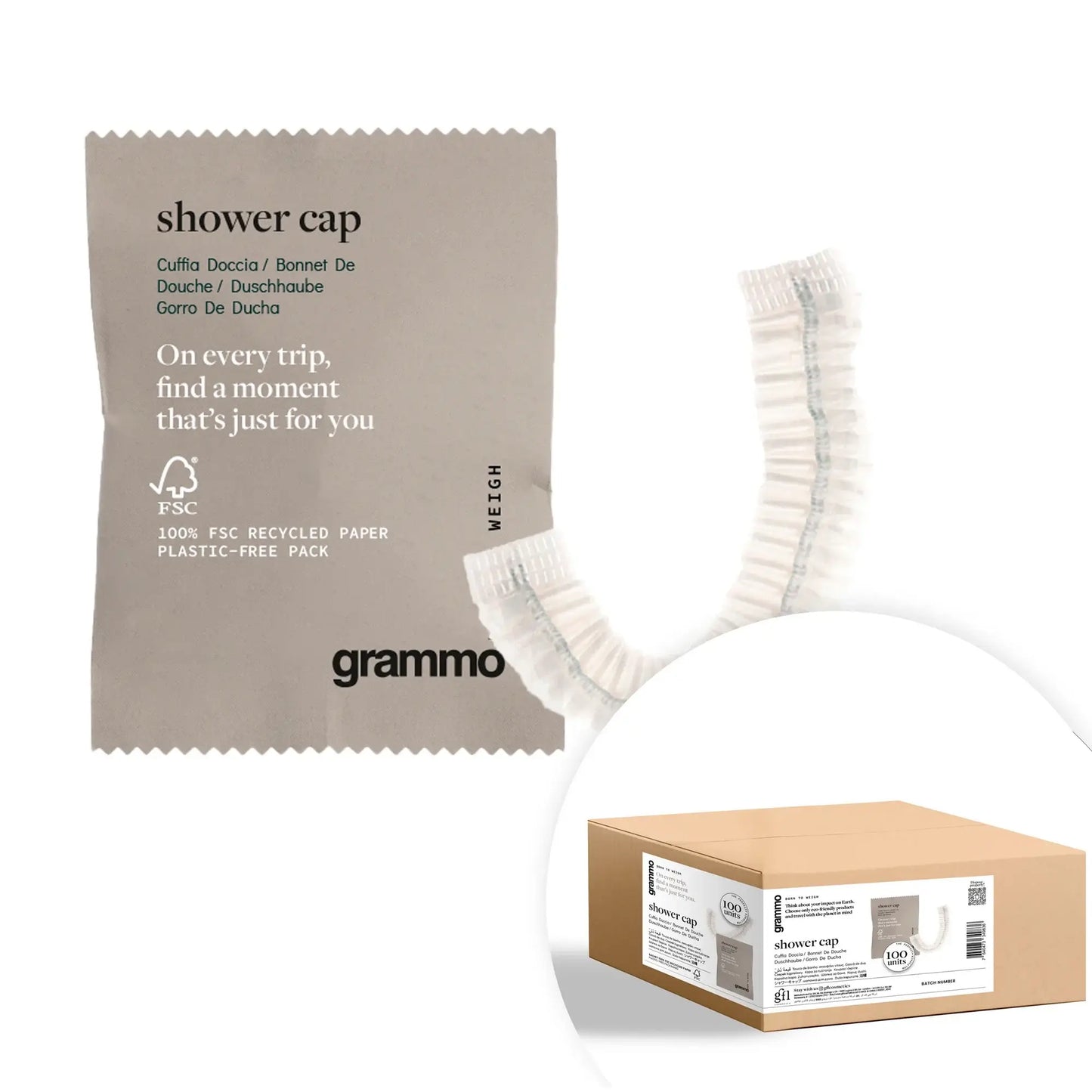 Touca de Duche Descartável Grammo embalada em saché de papel para hotéis e alojamentos turísticos.