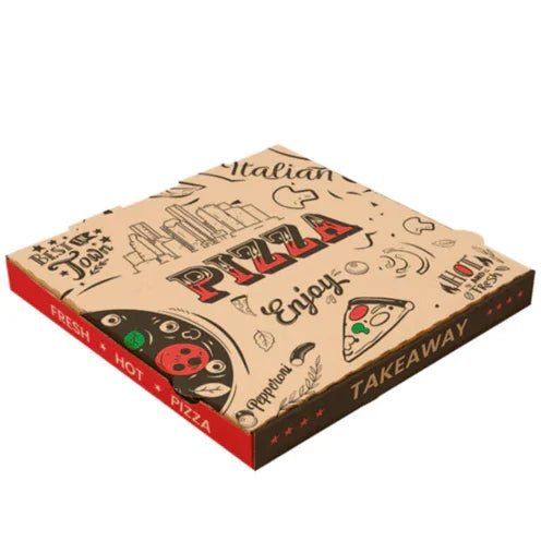 Caixa Pizza 40x40cm com design divertido para takeaway, ideal para pizzas frescas e quentes.