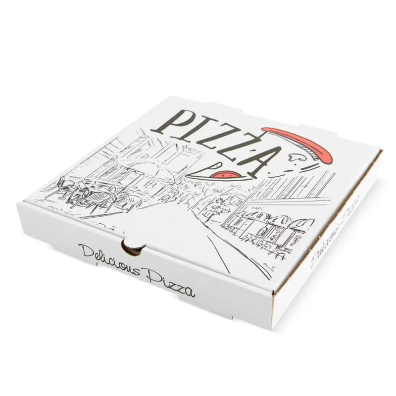 Caixa Pizza 33x33cm com imagem genérica e design clássico, ideal para Take Away, Pack 100un.