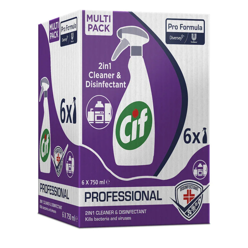 Caixa de 6 Garrafas de Garrafa Pulverizadora de Detergente Desinfetante 2 em 1 Cif Profissional Spray