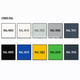 Cores RAL com amostras de cores como RAL 9003, RAL 9010, RAL 7035, RAL 9006, RAL 7011, RAL 9005, RAL 5010, RAL 1023, RAL 6018, RAL 7016.