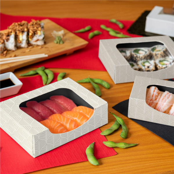 Caixa Cartolina Kraft Branca com Janela Sushi Kintsu Garcia de Pou 273.88 273.90 273.92 Restaurante Japonês Buffet