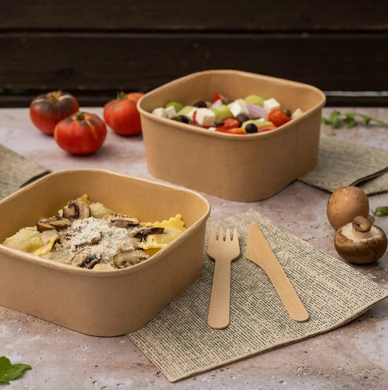 Embalagem Take Away Quadrada Kraft 750ml com Tampa Cartão Descartável Restaurante Comida Ecológica