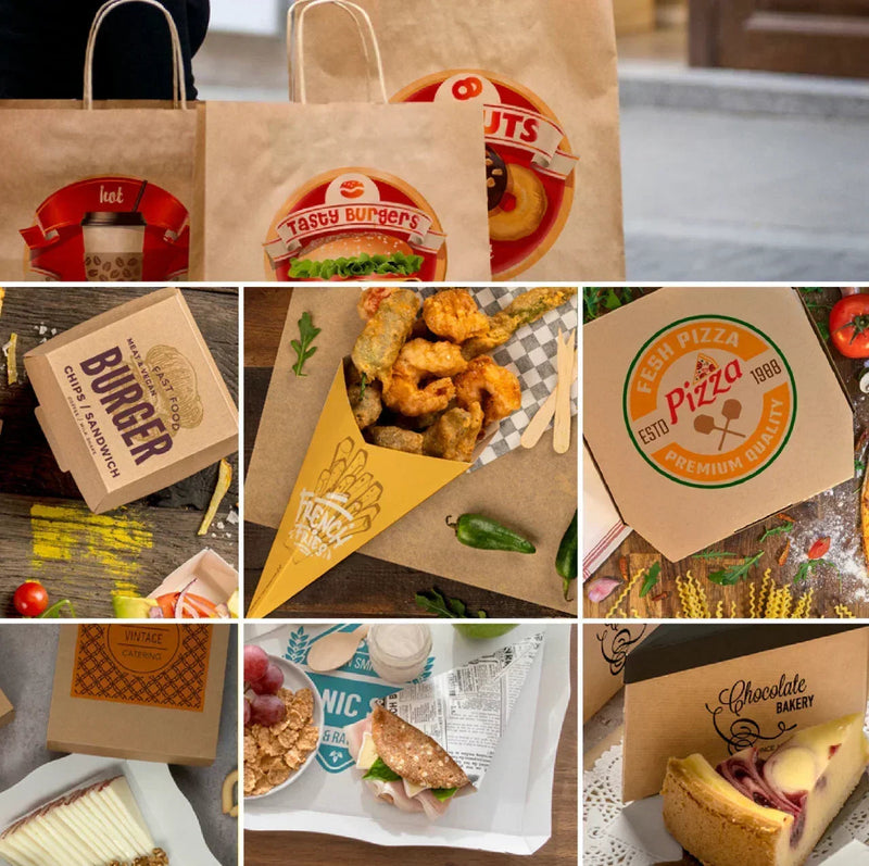 Vários itens de embalagem de comida take away, incluindo caixa de cartão para hambúrguer, pizza e mais.