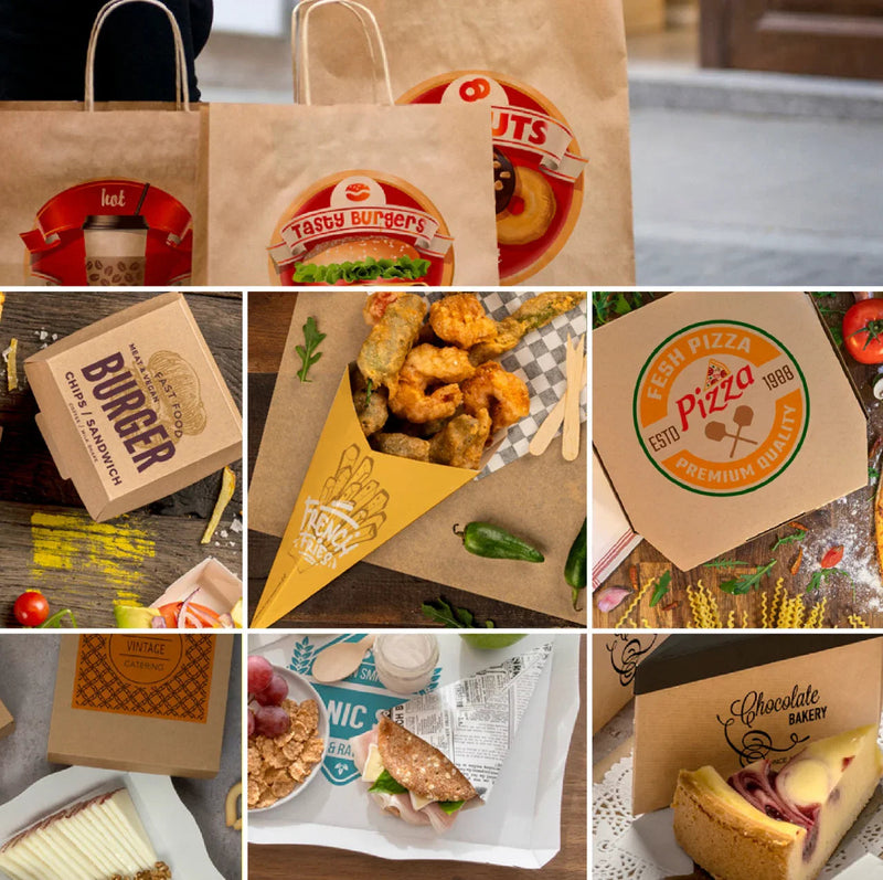 Caixa Take Away Plana para Frango 2880ml em várias opções de embalagem para alimentos, incluindo burger e pizza.