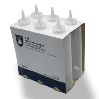 Garrafa Doseadora de Molhos com Aplicador em embalagem de 6 unidades, cada uma com 720ml.