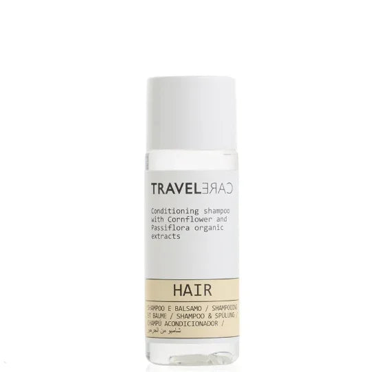 Champô e Condicionador 2em1 TRAVELCARE Frasco 30ml com extratos orgânicos de centáuria e passiflora, formato amenities descartável para hotéis e alojamentos locais