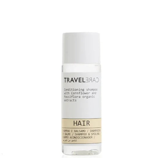 Champô e Condicionador 2em1 TRAVELCARE Frasco 30ml com extratos orgânicos de centáuria e passiflora, formato amenities descartável para hotéis e alojamentos locais
